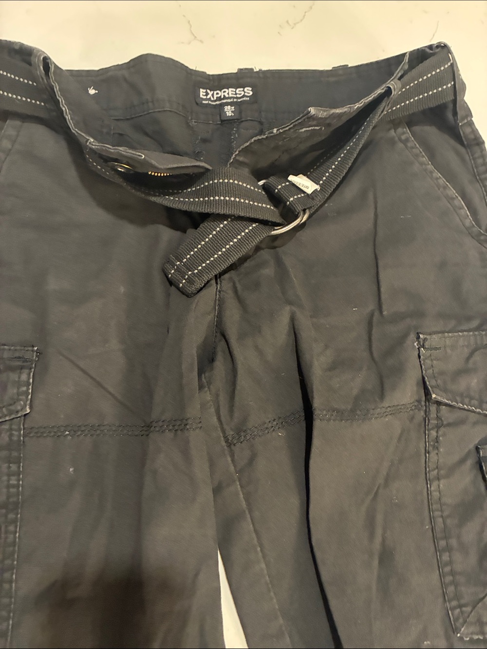 Express Men’s Black Cargo Pants with Web Belt Accent